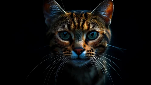 Midnight tiger cat emerges from shadow with emerald gaze.