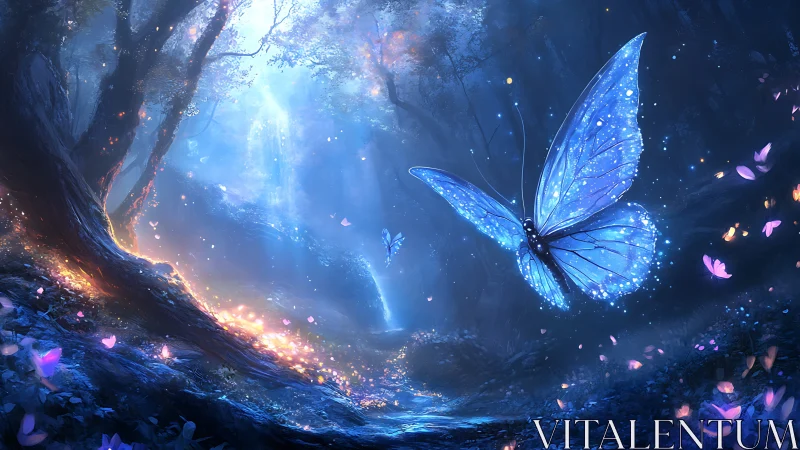 Glowing blue butterflies move through a luminous fantasy forest