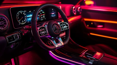 Neon-lit Mercedes cockpit with digital cluster and AMG steering wheel
