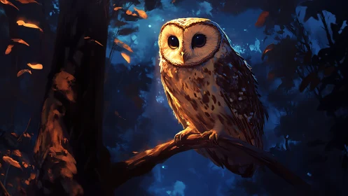 Majestic owl perched on a branch in a glowing moonlit forest, digital art.
