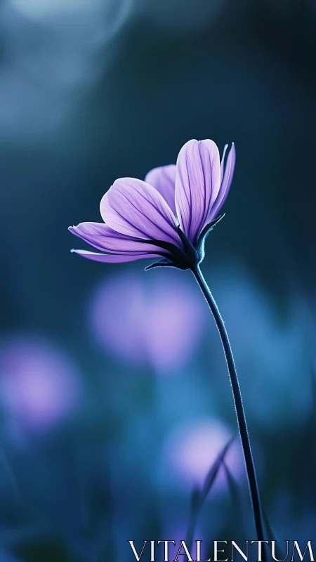 Purple petaled flower with extended stem in focused shallow depth