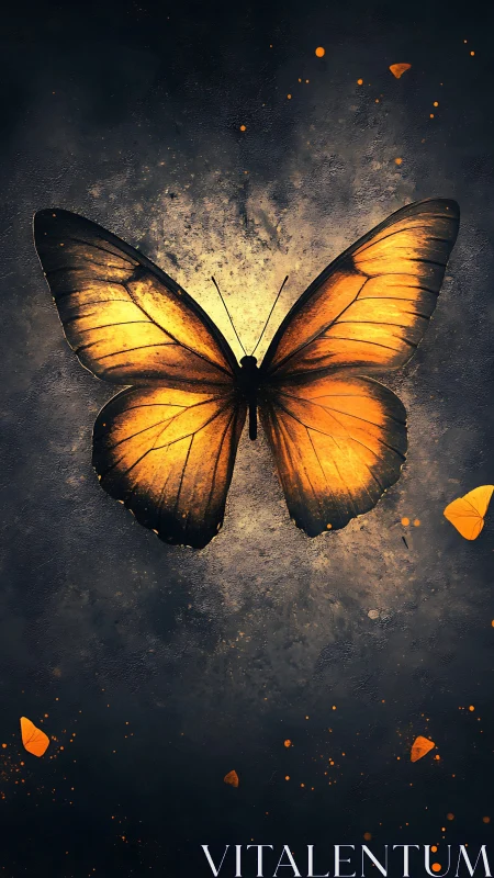 High-contrast orange butterfly rendered against textured dark nebula