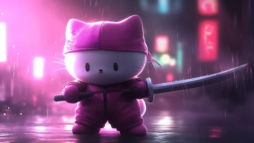Neon city kitty warrior stands ready under soft pink rain