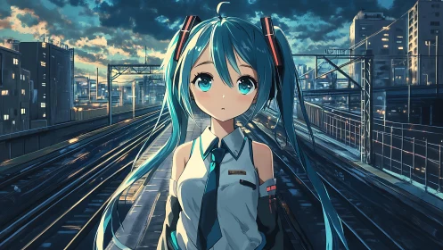 Blue haired anime girl stands on twilight city railway