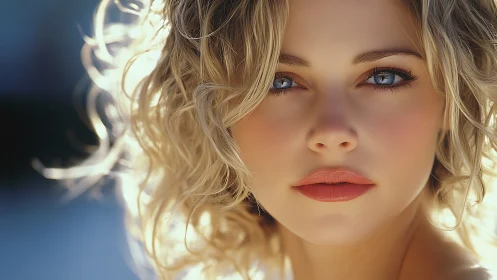 Sunlit portrait of blue‑eyed woman with soft curls.