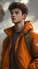 Digital portrait of young hiker in bright orange jacket.