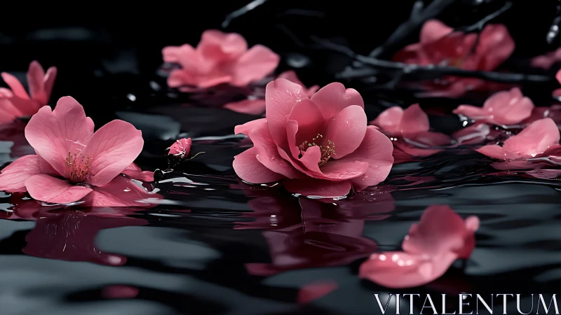 Pink flowers float on black reflective water surface