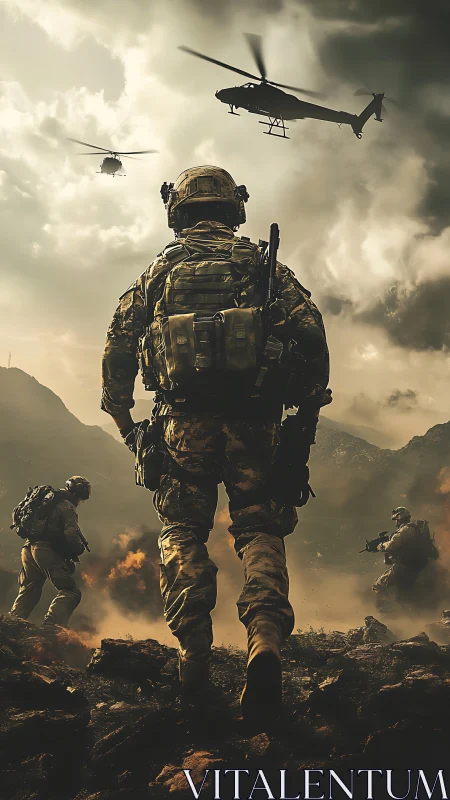 Armored infantry squad advances under low-flying combat helicopters