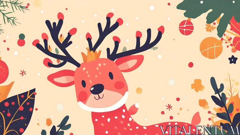 Crowned cocoa reindeer lounges beneath drifting holiday confetti