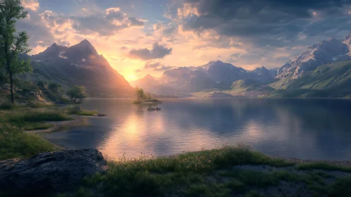 Mountain lake at sunset with calm water and soft light.