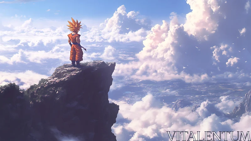 Saiyan warrior stands on high cliff above luminous clouds