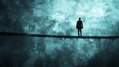 Solitary figure stands on narrow ledge above textured void
