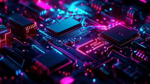 Neon lit circuit board with chips and glowing data paths.