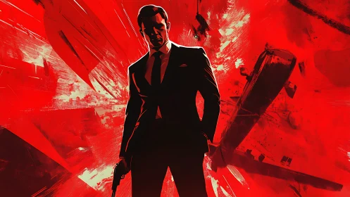 Suited secret agent holding gun in red explosive scene.