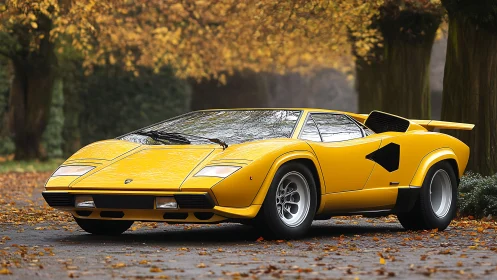Yellow classic supercar stands in autumn park under soft light