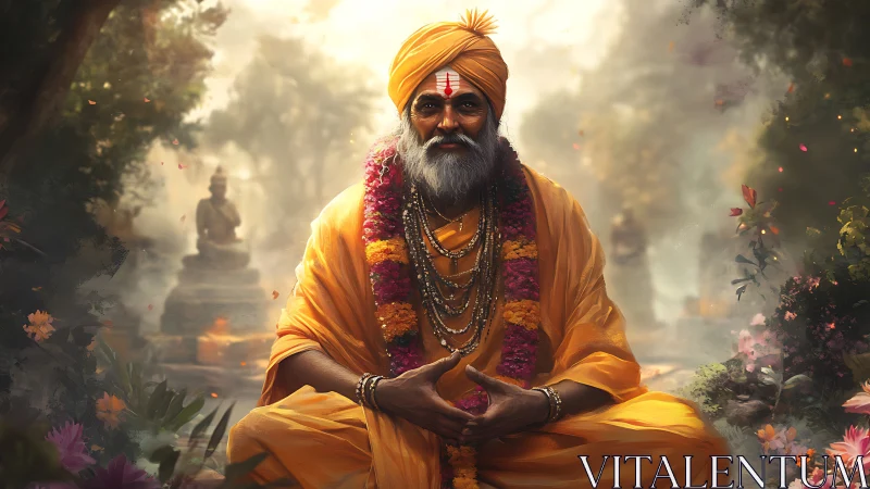 Meditative holy man in golden robes within floral sanctuary.