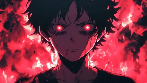 Intense anime portrait with infernal red energy and focus lighting.