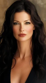 Photorealistic brunette portrait with intense direct gaze.