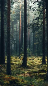 Forest interior with conifers and mossy ground layer.