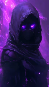Hooded shadow caster wrapped in electric violet mystery.