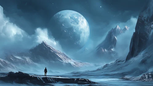 Solitary explorer surveys icy exoplanet valley under cratered mega-moon