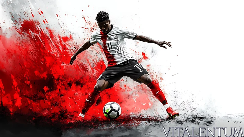 Digital soccer player with red paint effect background.