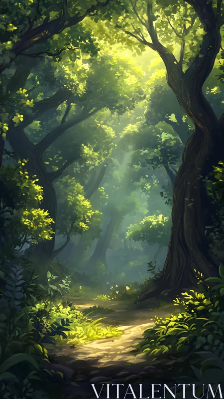 Sunlit Forest Path Through Ancient Trees.
