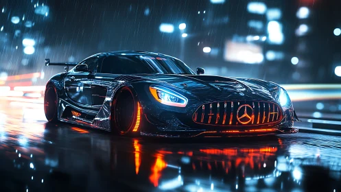 Mercedes supercar cuts neon street under heavy rain.