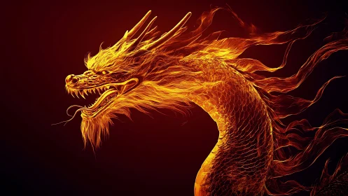 Fiery golden dragon profile on dark red background.