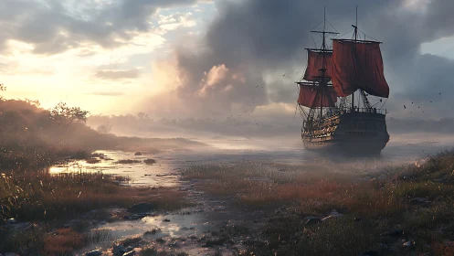 Sailing ship with red sails moves through misty coastal marsh