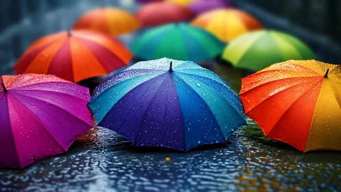 Rain covered multicolored umbrellas lie on wet reflective street