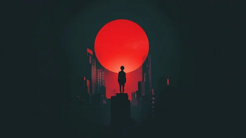 Lone dreamer welcomes the glowing red city sunset sky.