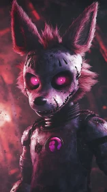 Cybernetic fox animatronic with neon magenta eye cores.