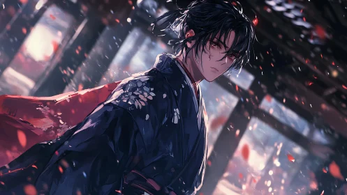 Red petals orbit a solemn swordsman in stormlit silence