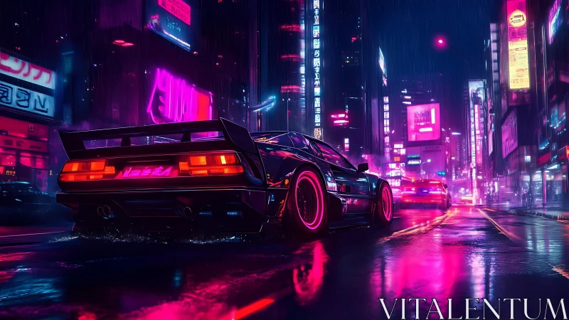Neon sports car racing through futuristic city streets.