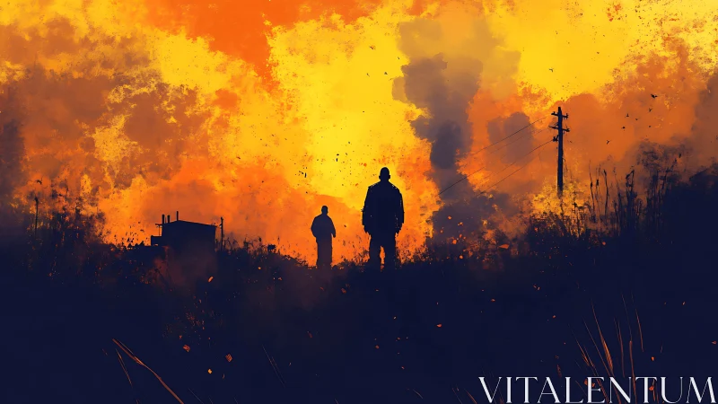 Post-apocalyptic silhouettes against incendiary sunset field.