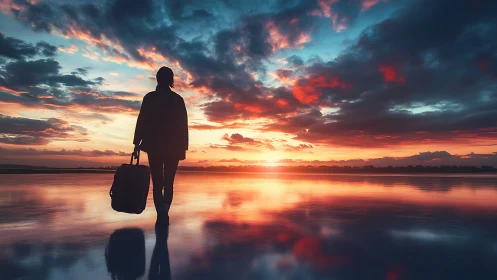 Silhouetted traveler stands by reflective water at sunset
