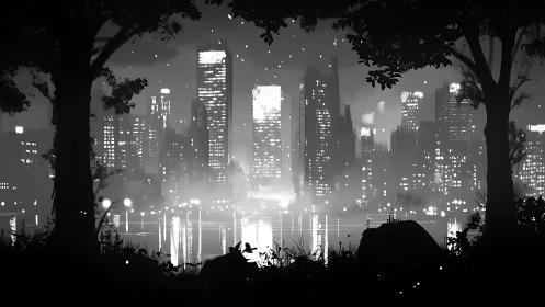 Noir city skyline framed by silhouetted riverside trees.
