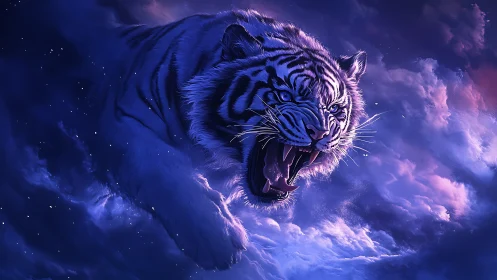 Starlit storm tiger lunges through electric violet clouds.