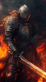 Armored knight stands in flames holding a burning sword