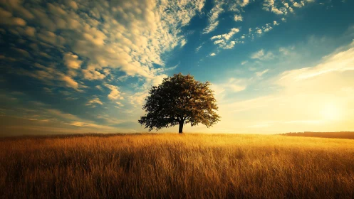 Lone Tree in Golden Field at Sunset, Dramatic Landscape Photo.