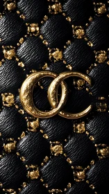 Luxury black leather quilt with gold monogram emblem detail.