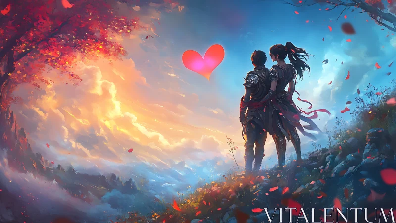 Two warriors stand beneath glowing heart against fire and sky.