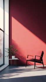 Minimalist red lounge with angular daylight composition.