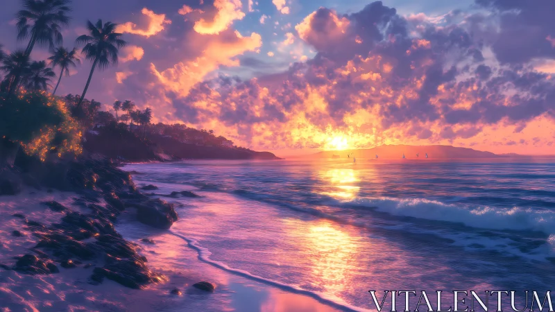 Dreamy tropical sunset washing the shoreline in soft light.