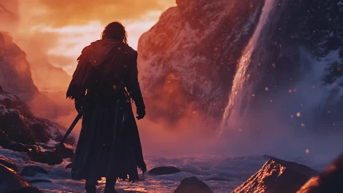 Warrior silhouette before molten dawn waterfall cascade.