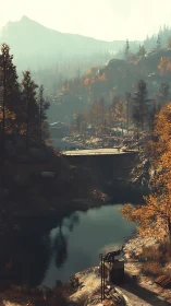 Cinematic digital landscape depicts misty river gorge and bridge