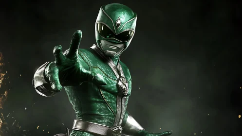 Green armored character extends gloved hand toward viewer