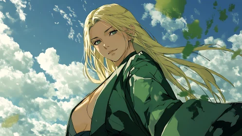 Low-angle anime portrait uniting dynamic sky and motion