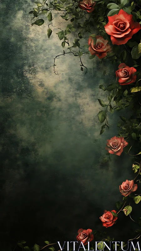 Vertical composition of red roses on dark textured wall.